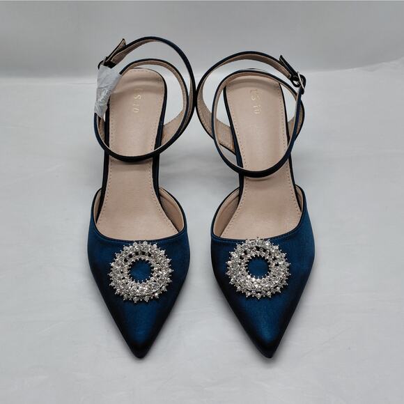 Perphy Womens Heels Size 10 Blue Satin Rhinestone Slingback Cocktail Pumps Shoe - Picture 4 of 12